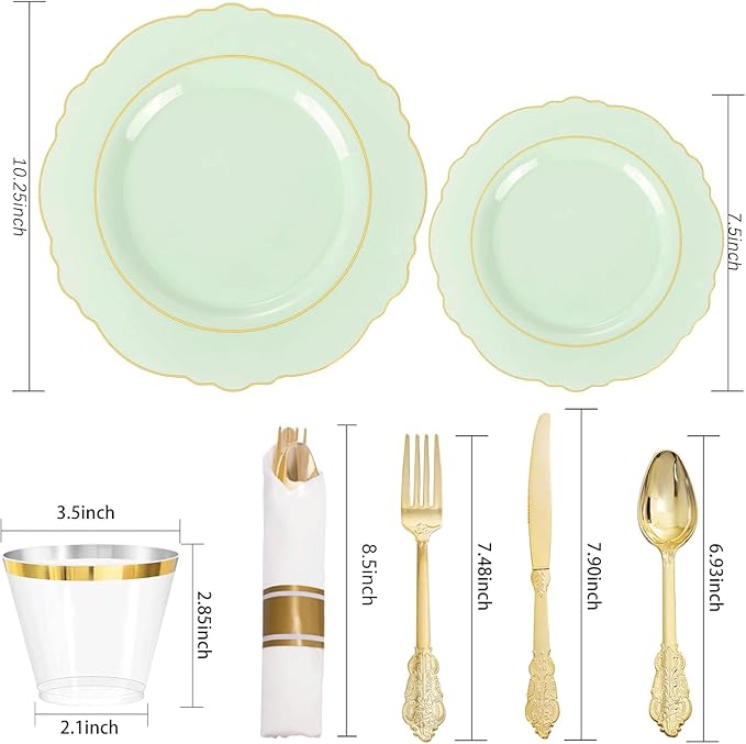 Liacere 350PCS Light Green Plates - Disposable Green and Gold Plastic Plates 50guest Baroque Dinnerware include 100Plates,50Pack Pre Rolled Napkins with Silverware 50Cups for Mother's Day