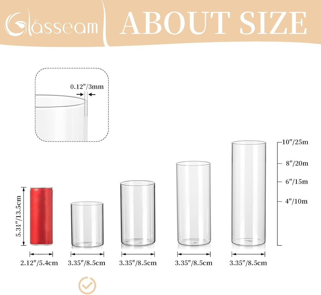 Glasseam Hurricane Glass Candle Holder Set of 6, Cylinder Clear Candle Holders for Pillar Candles, Modern Cylinder Vases for Floating Candles, Vases for Centerpiece Wedding Table Decorations, 4inch