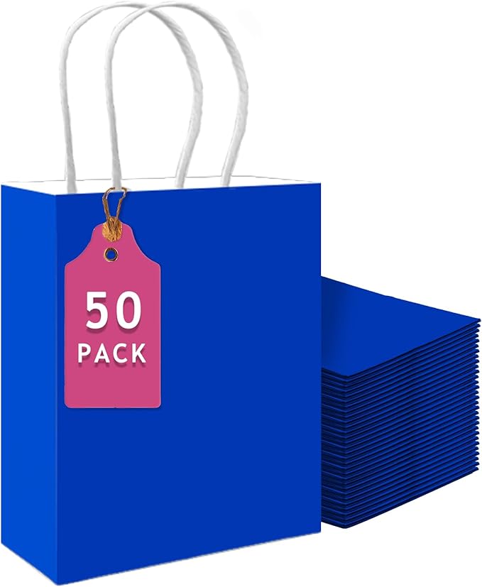 qiqee 50-Packs Diamond Blue Paper Gift Bags with Handles Bulk 13"x10.3"x4.6" Large Size Party Favor Bags Multiple Uses