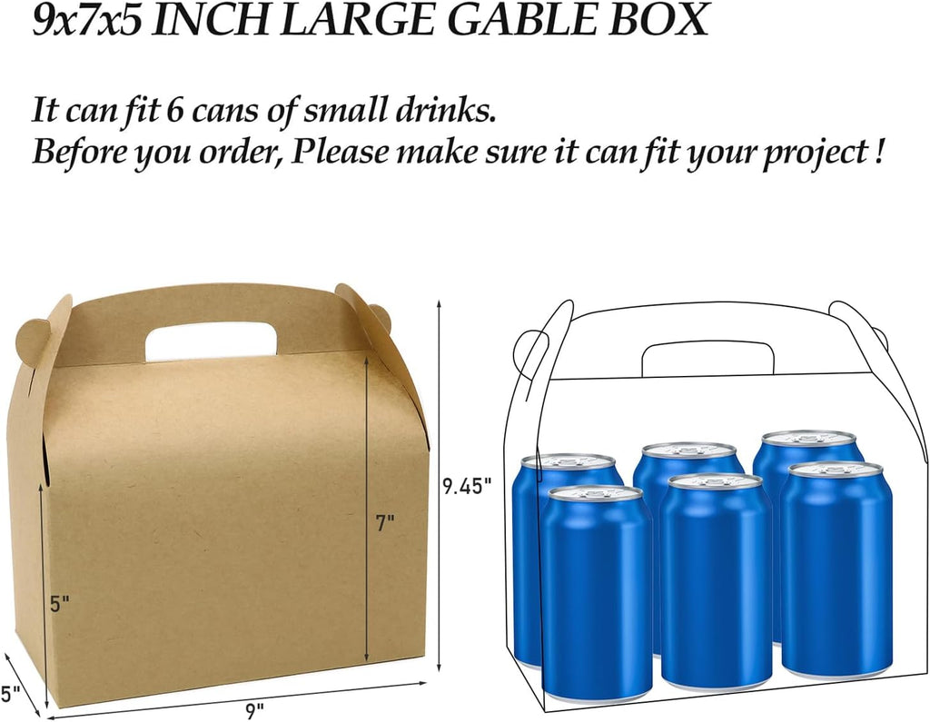 30Pcs 9 Inch Large Gable Gift Boxes, Brown Party Favor Treat Boxes, Lunch Box with Handles for Birthday Babyshower Wedding Activity Picnic