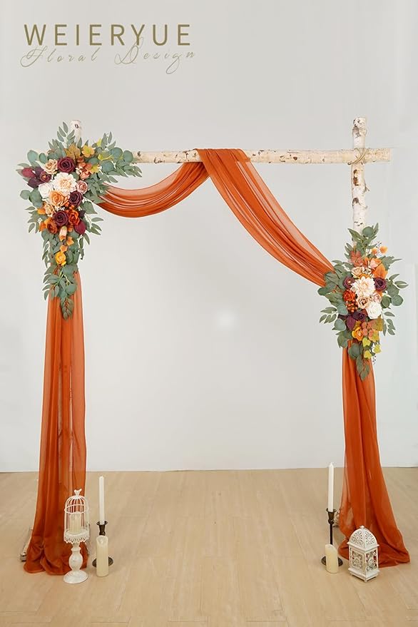Artificial Wedding Arch Flowers Kit(Pack of 3),2Pcs Artificial Flower Arch Decor,1Pcs Sheer Drape for Wedding Ceremony Arbor for WeddingCeremony (Sunset Orange)