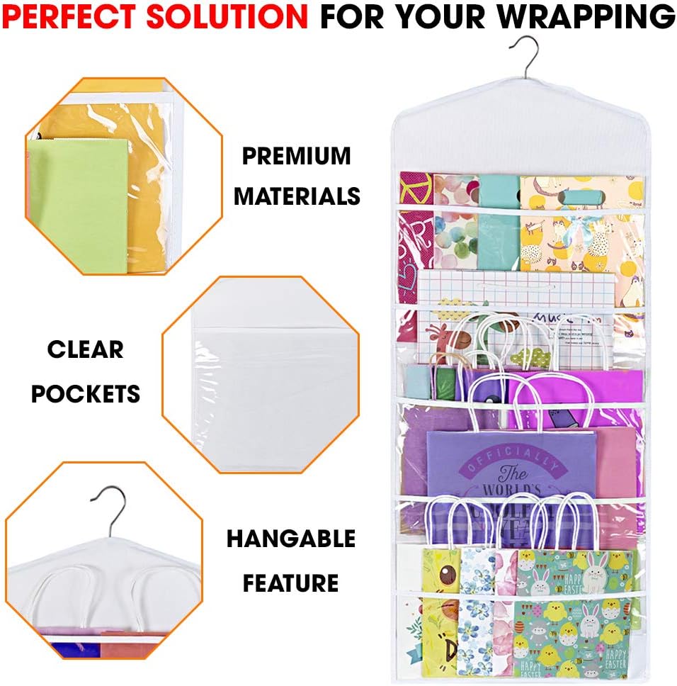 Gift Bag and Tissue Paper Storage, Hanging Organizer with Multiple Front and Back Pockets Double Sided, Organize Gift Wrap and Paper Bags 38 x 16 Inch (White)