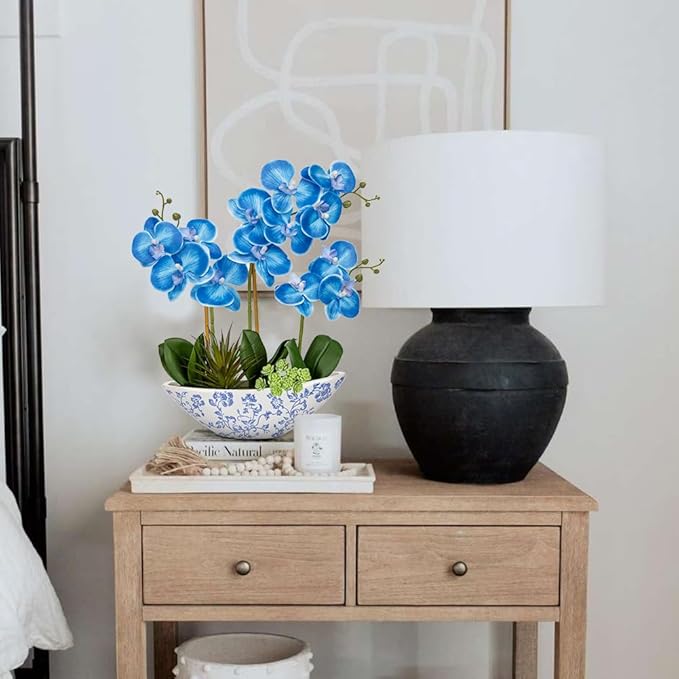 Briful Blue Orchid Fake Flowers 17in Artificial Orchid Silk Flowers in Blue and White Vase Faux Orchid Arrangement for Home Office Bathroom Table Shelf Modern Decoration