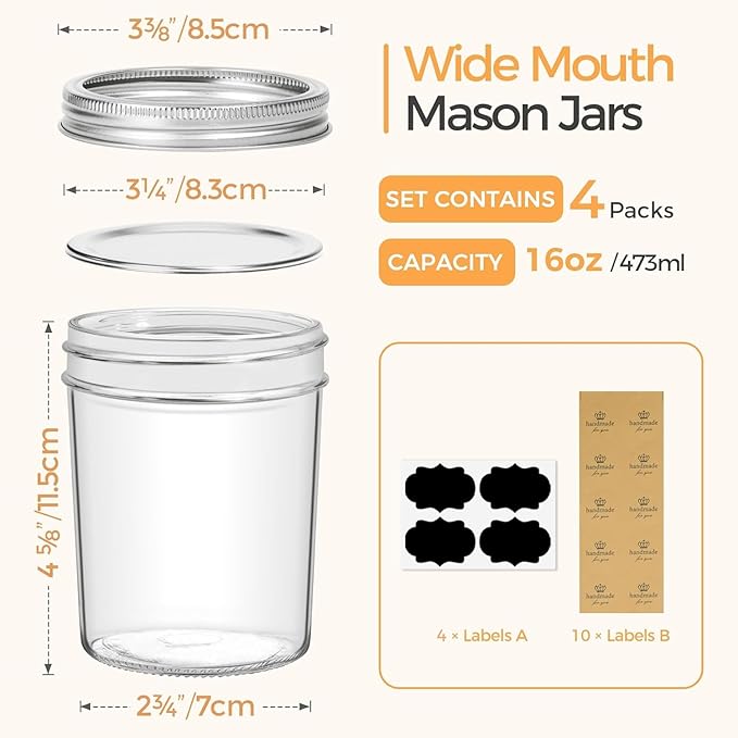 ComSaf Wide Mouth Mason Jars 16 oz with lids - 4 Pack, Pint Mason Jars with Seal Bands, Glass Canning Jars for Honey, Jam, Jelly, Coffee, Salad, Desert, Shower Wedding Favors, DIY Candles Decor