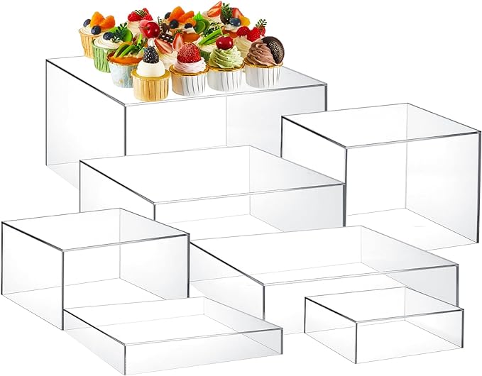 Leinuosen 7 Pcs Large Buffet Risers Set 6" to 12" Acrylic Display Box Catering Dessert Table Riser Food Display Decorative Stand with Hollow Bottom for Catering Supplies(Clear, Square)