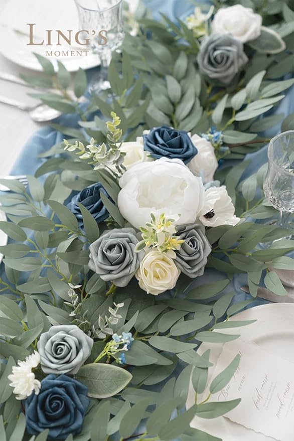 Ling's Moment Flower Garland - 6FT Eucalyptus & Rose - Sweetheart Table Decor for Wedding Reception, Artificial Arch Floral Garland for Mantle, Christmas, Beach Decoration, Dusty Blue & White
