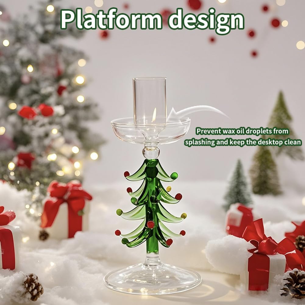 3Pcs Christmas Tree Candle Holder Christmas Taper Candlesticks Holders Green Glass Table Centerpieces Decoration for Xmas Party Wedding Mantel Decor