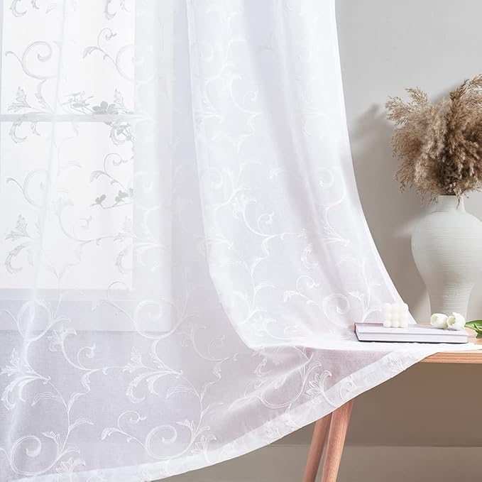 Floral Embroidery Sheer Curtains White 84 Inch Length, Rod Pocket Vintage Voile Drapes for Living room, Bedroom,Semi Crinkle Curtain Panels for Patio, Villa, Set of 2, 52"x 84". (52"Wx84"L, White)