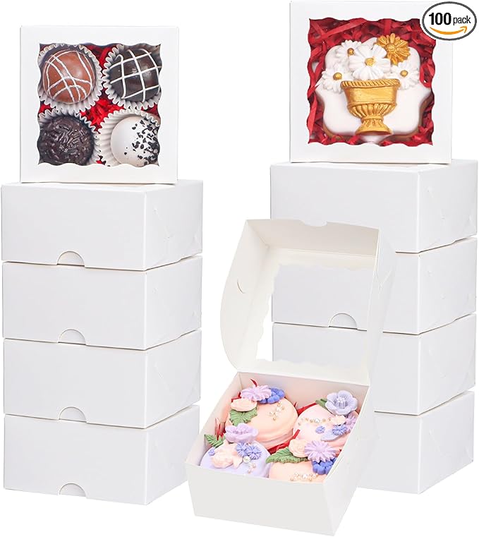 100-Pack 4X4X2 Elegant White Bakery Boxes - Treat/Cookie/Truffle Boxes for Mini Cakes, Pies & Cinnamon Rolls - Wedding Party Favor Packaging