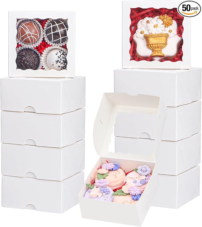 50-Count 4x4x2 Food-Safe Elegant White Bakery Boxes - Multi-Use Pastry & Treat Packaging for Cookies, Truffles & Wedding Favors (Stackable Gift Boxes for Cakes, Pies & Cinnamon Rolls)
