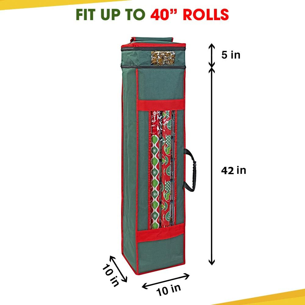ProPik Christmas Wrapping Paper Storage Organizer Bag with Pocket and Handles Including Hanging Loop Heavy Duty Material with Clear Window 47 x 10 x 10 Inch Fits 40" Long Rolls (Green, 1 Count)