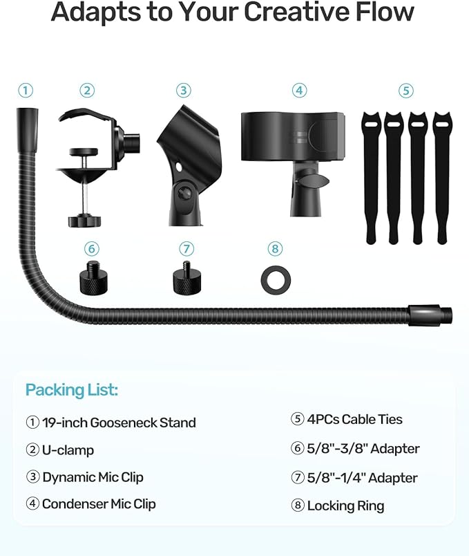 19-inch Gooseneck Microphone Holder Stand, Flexible Mic Arm with Super Crab Clamp for Mic Stand/Desk/Rod/Pole/Stick/Shelf/Tube Clamping, Ideal for Music Stand, Piano, Drum Recording