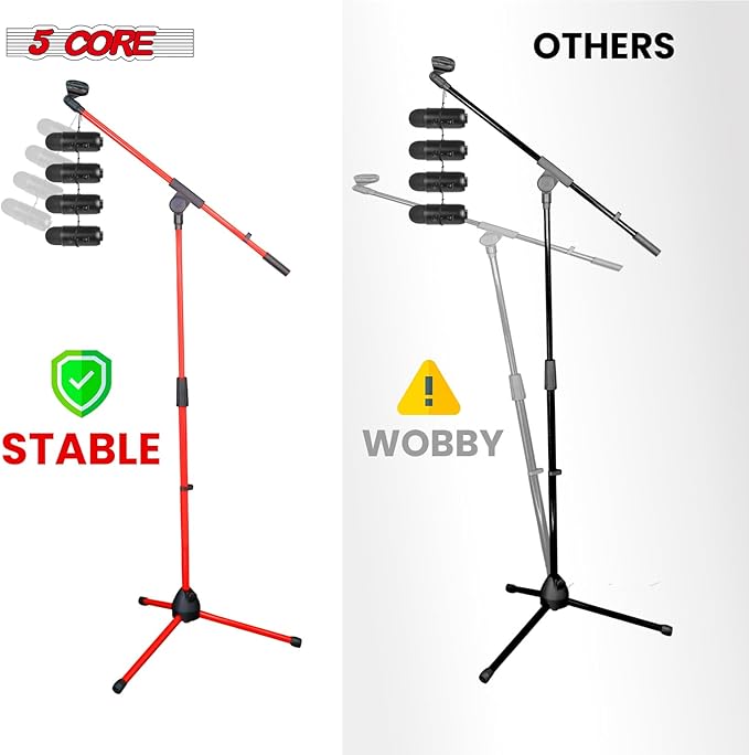 5 Core Tripod Mic Stand Floor Adjustable 18 to 72 Inches Sturdy Boom Arm Holder Microphone Stands Pedestal Para Microfono for Singing - MS 080 RED