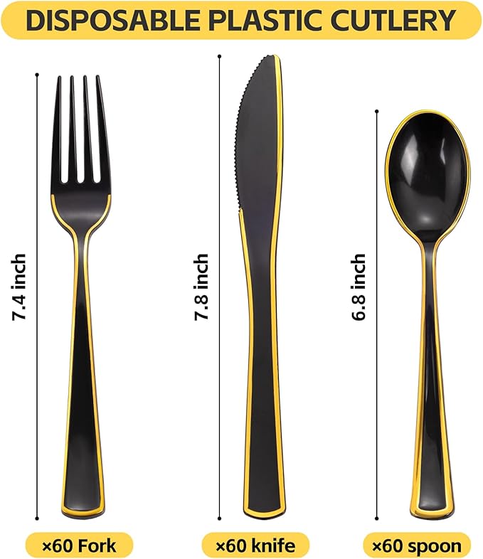 WDF 180 Pieces Black and Gold Plastic Silverware -Halloween Black Plastic Cutlery Incluede 60 Forks 60 Knives 60 Spoons Heavy Duty Disposable Flatware - Gold Utensils for Halloween/Party/Daily Use