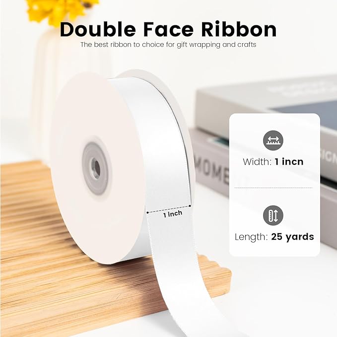 Double Face White Satin Ribbon 1 inch X 25 Yards Polyester White Ribbon for Wedding Decor, Wreath, Gift Package Wrapping and Other Projects