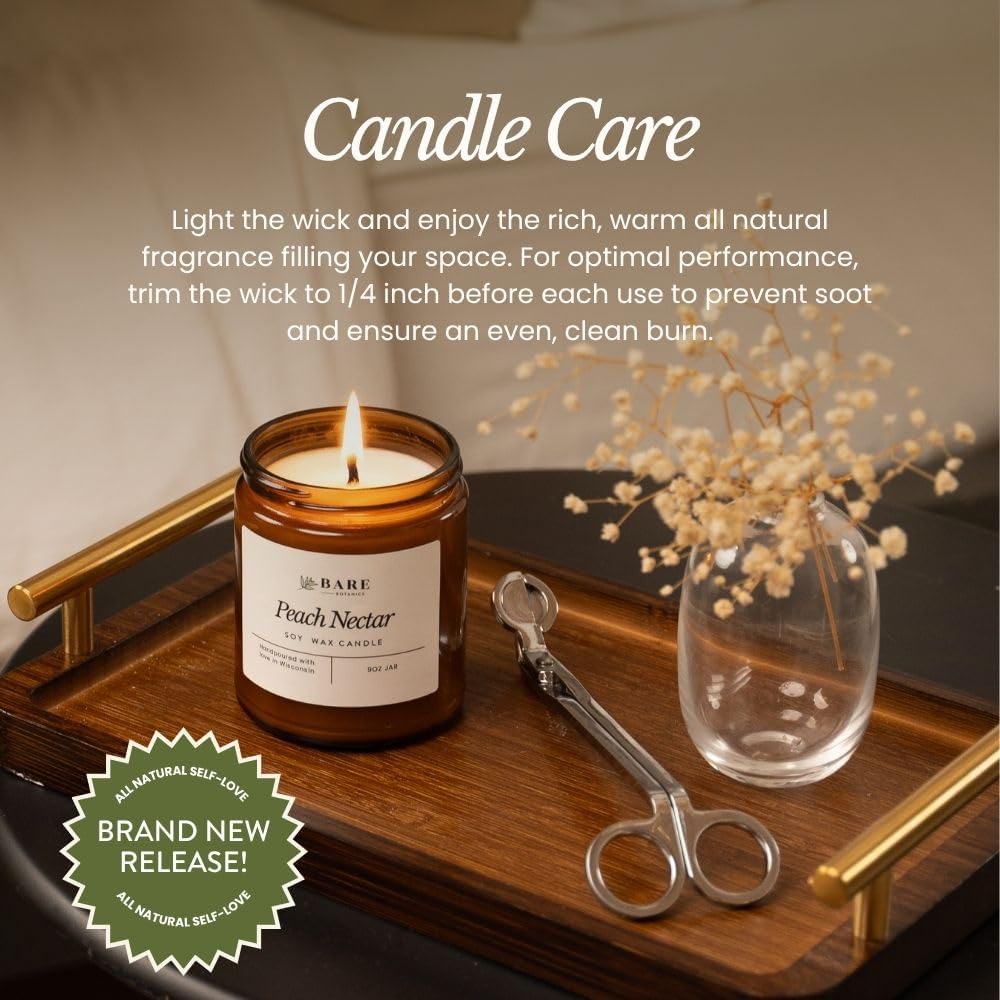 Bare Botanics 9oz Non Toxic Soy Candle Warm Vanilla Oak - 40+ Hour Burn | 100% Plant-Based Fragrance Oils | Handpoured in Wisconsin | Clean-Burning Soy Wax