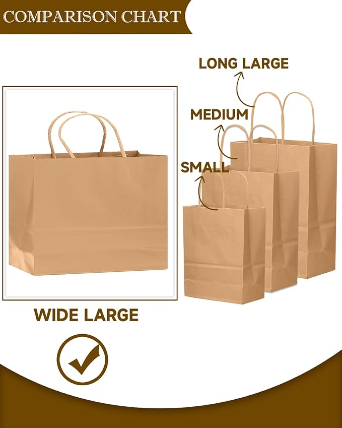 qiqee 50-Packs Brown Paper Gift Bags with Handles Bulk 12.6"x4.3"x10" Wide Large Size Party Favor Bags Multiple Uses