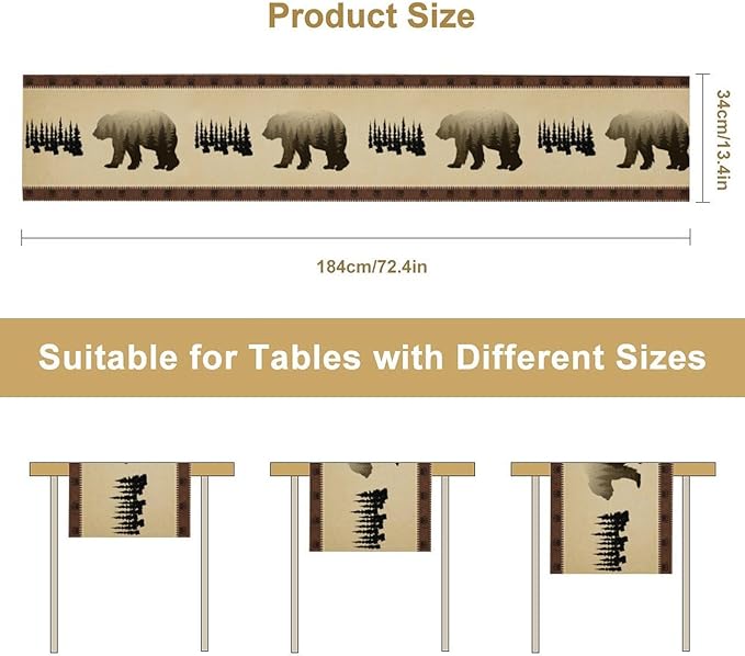 Vintage Bear Table Runner Forest Retro Rustic Cabin Farmhouse Table Runner for Party Dinner Bedroom Living Room Kitchen 13x36 Inch