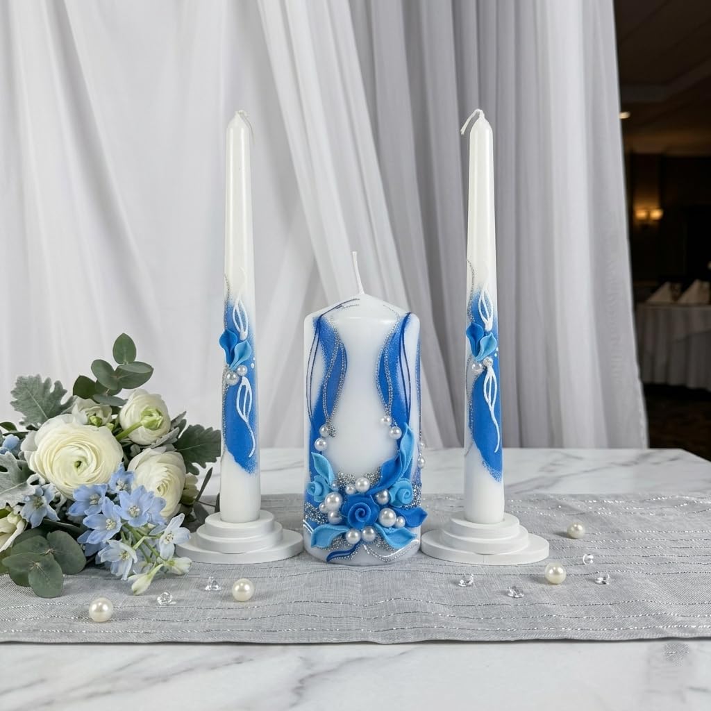 Unity Candle Set - Wedding Ceremony & Reception – 6” Pillar & Two 10” Taper Candles – Long Burning Unity Candles for Marriage Ritual – Handmade in USA - Royal | Blue