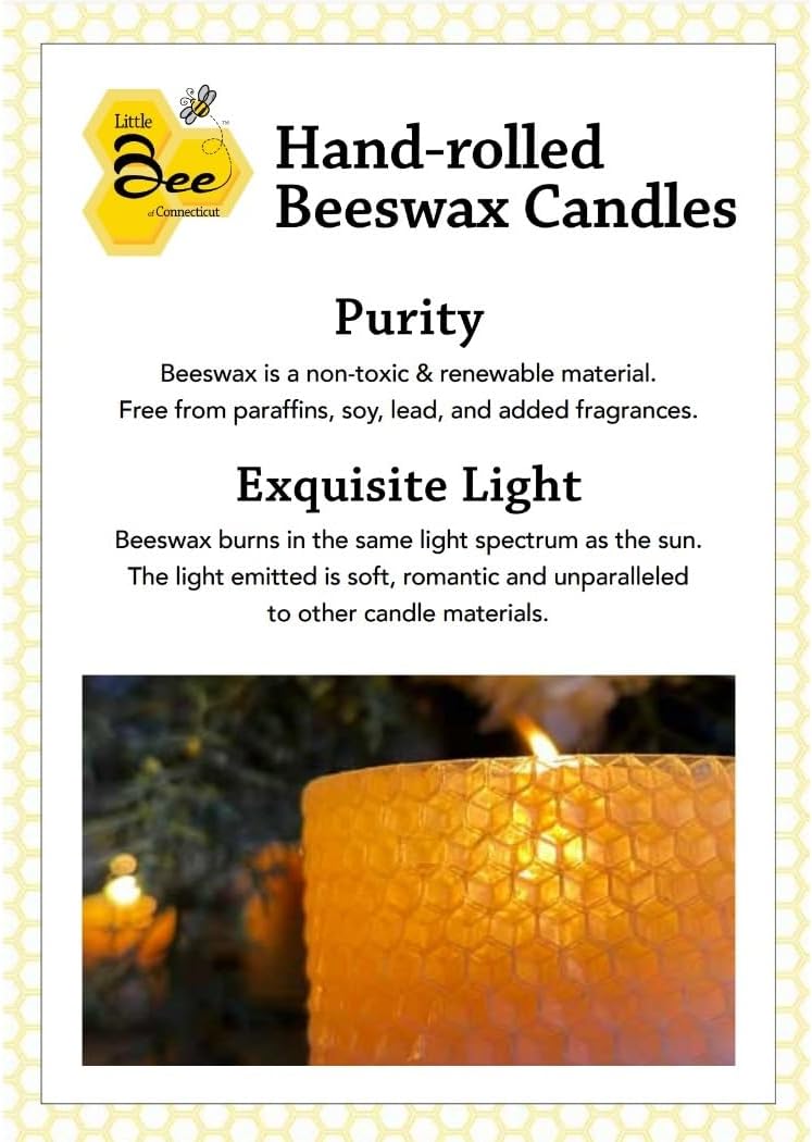 8" Hand Rolled Beeswax Taper Candle - Little Bee of Connecticut (One Pair) | Fits Any Size Taper Holder - 9 to 10 Hour Burn Time Each - 100% Cotton Wick - Made in Connecticut - 100% Pure Beeswax Candle