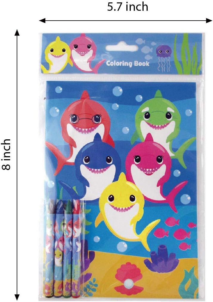 TINYMILLS Shark Birthday Party Favors Set for Kids, 108 Piece Shark Party Supplies with 12 Goodie Bags, 24 Stampers, 12 Sticker Sheets, 12 Coloring Books and 48 Crayons, Shark Party Favor Pack