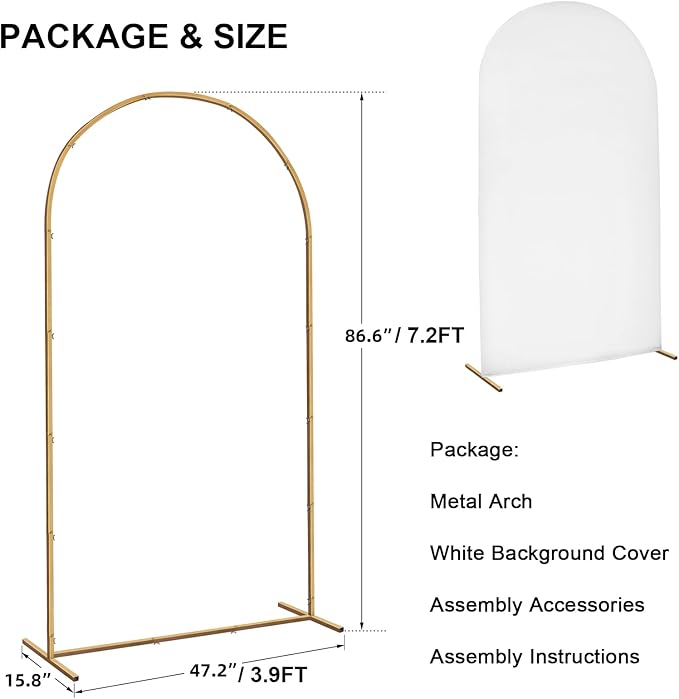 Skypatio 7.2FT Wedding Metal Arch Backdrop Stand with White Backdrop Cover, Balloon Gold Arch Stand for Birthday Party Baby Shower Wedding Decoration Stand for Backdrop