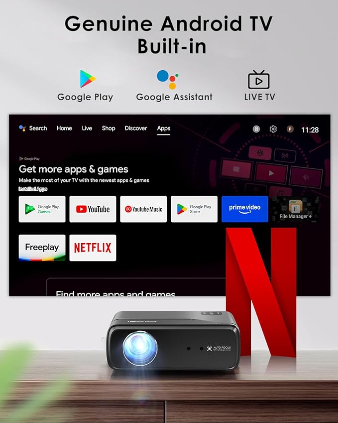 Portable Smart Projector Netflix Officially,AI Auto Focus&Keystone,1400ANSI 4K Support,WiFi6+2.4/5G WiFi,Two-way Bluetooth,Dolby Audio,HDR10,Android TV 11.0,Google Assistant,Home Theater Outdoor Movie