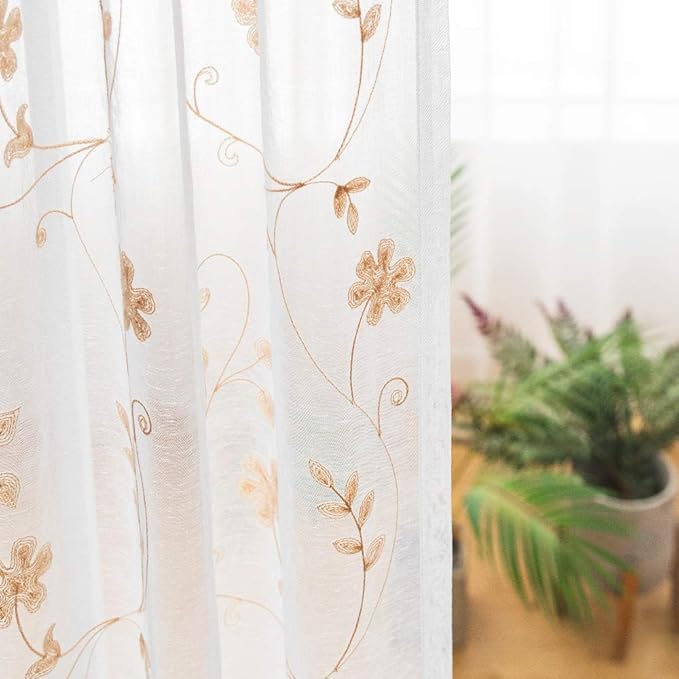 Floral Embroidery Sheer Curtains Beige 95 Inch Length, Rod Pocket Voile Drapes for Living Room, Bedroom, Window Treatments Semi Crinkle Curtain Panels for Yard, Patio, Villa, Set of 2, 52"x 95".