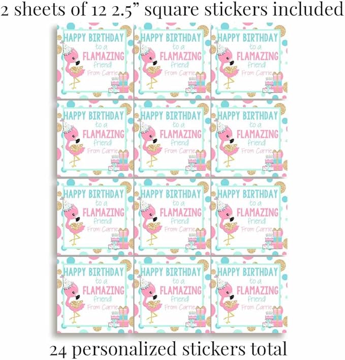 Custom & Personalized FLAMAZING Flamingo Happy Birthday Gift Tag Sticker Labels, 24 2.5" Square Stickers by Amanda Creation