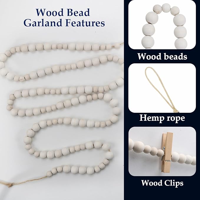 Hanging Photo Display Wall Decor with 15 Wood Clips, 67 Inches Boho Wooden Bead Garland Collage Picture Frame Photos String DIY, Photo Hanger for Bedroom Office Dorm Room Decor Gifts(1PCS)