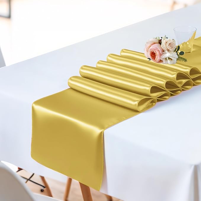 SHEJIZE 10 Pack Light Gold Satin Table Runner 12x108 Inches Long, Bright Silky Smooth Satin Table Runner Table Decor for Wedding Banquet Christmas Prom Event Birthday Party