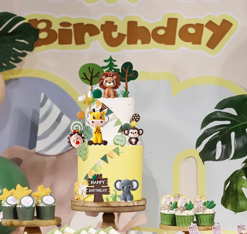 19pcs Safari Animal Cake Toppers Cake Decorations for Animals Themed Party | Cake Decorations for Safari Animals Wild Jungle Cake Toppers with Lion Elephant Giraffe Safari Themed Birthday Decorations