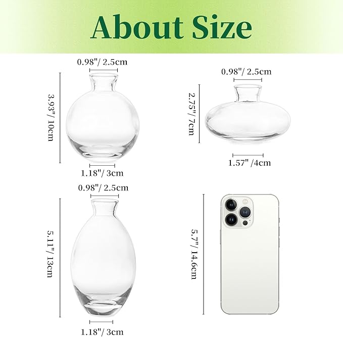 Glass Bud Vases Set of 6, Hewory Cute Clear Small Vases Handmade, Mini Glass Flower Vase for Floral Arrangement, Tiny Centerpiece for Wedding Party Events Home Office Table Decor (Not Include Flower)
