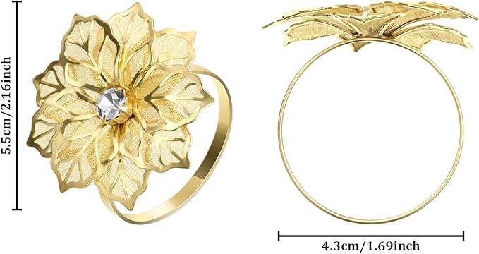 Hotop 12 Pcs Hollow Out Flower Napkin Rings Fall Napkin Ring Holder Metal Serviette Buckles Set for Dinner Thanksgiving Christmas Wedding Banquet Table Plates Decoration(Gold)