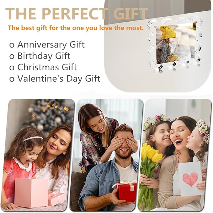 3 Pack 4x4 Inch Magnetic Acrylic Picture Frame,10+10mm Thick Block,Double Sided Clear scalloped frames for Desktop Display | Trendy Home Gift ((3 Pack), 4X4)