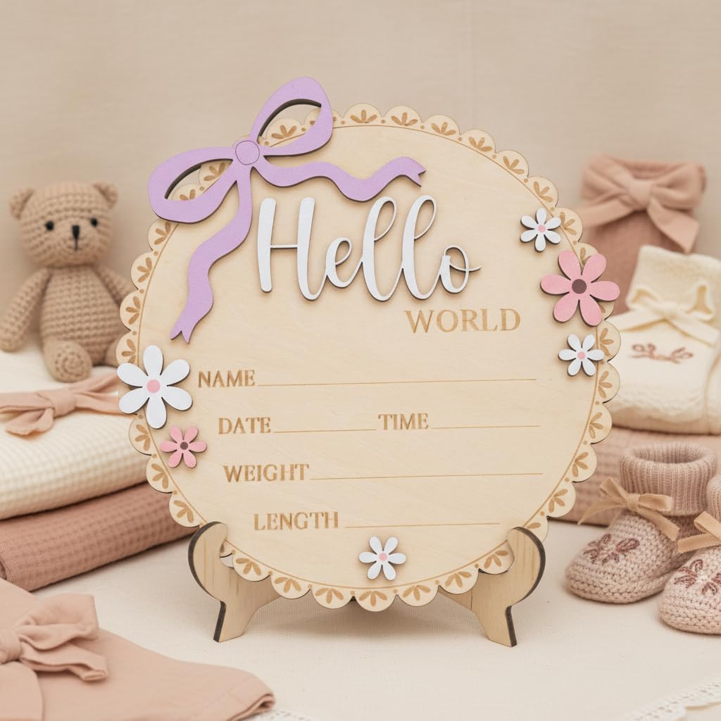 Hello World Wooden Baby Birth Announcement Sign, Pink Floral Newborn Name Date Time Weight Length Board, Baby Girl Nursery Decor Photo Prop Keepsake (Light purple ribbon)