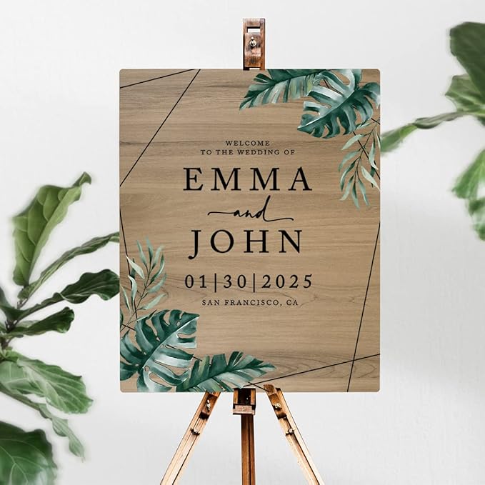 Andaz Press Large Wooden Welcome Sign for Wedding, Rustic Welcome Sign 16" x 20" Custom Names Tropical Monstera Palm Wedding Signage English Oak MDF Wood Finish Wedding Reception Indoor Outdoor Signs