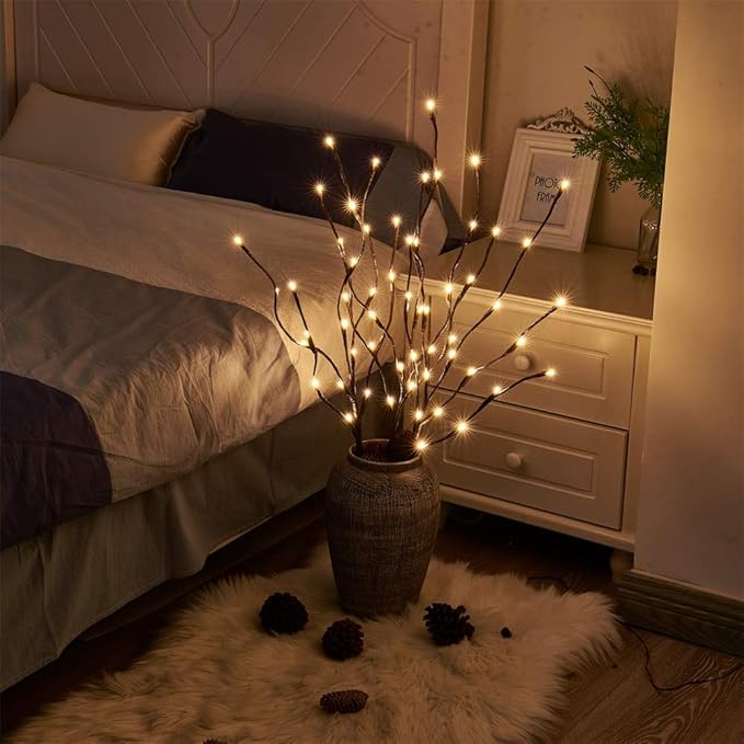 PEIDUO Lighted Brown Branches with Timer, 30Inch 3PK 60 LED Pathway Lights, Willow Branch Lights for Home Decorations Indoor Apartment Outdoor Stake Lights for Lawn