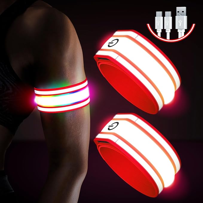 LED Armband for Running(2 Pack),Light Up Arm Bands for Night Walking Running,Rechargeable Lights for Runners,High Visibility Reflective Running Gear Adjustable Light Up Wristbands