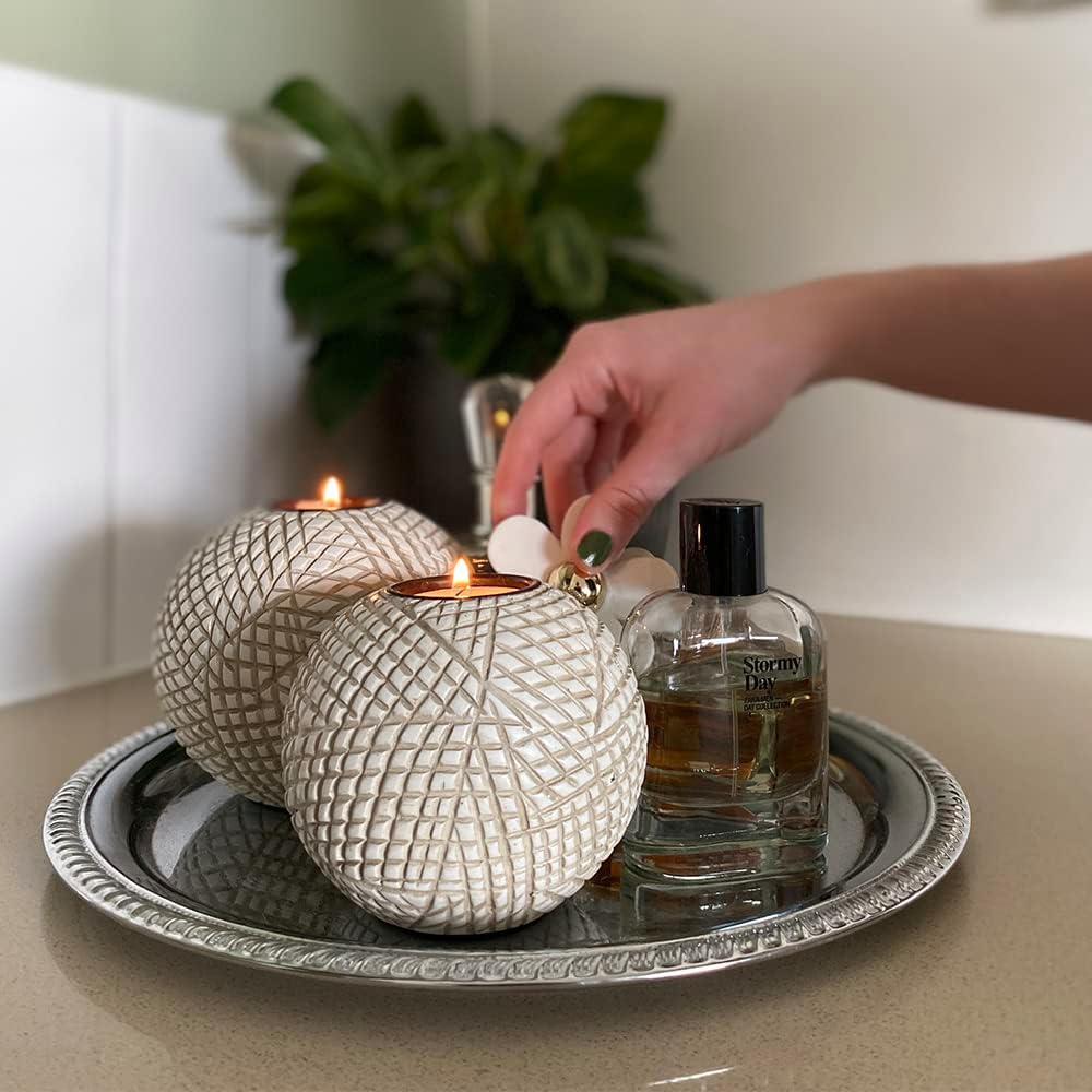 Luca Beige Orb Tea Light Candle Holders, Gift Boxed Set of 2 | Beige and white grid-pattern orbs for coffee table, console, entryway, mantel, dining centerpiece; coastal, modern, farmhouse