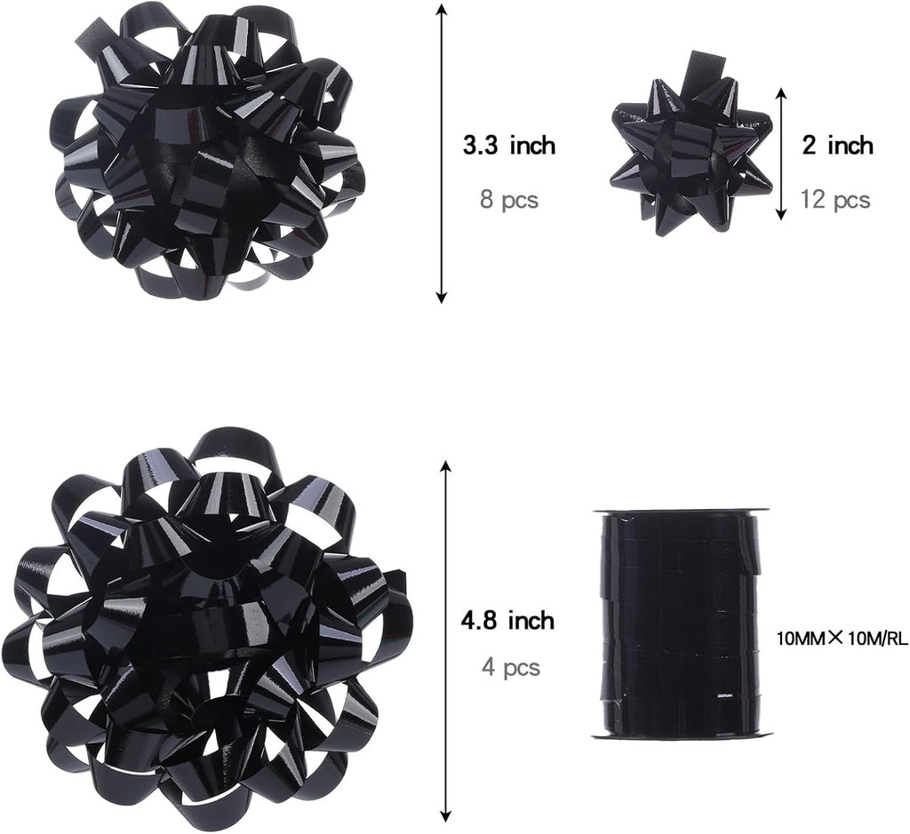 25 Pcs Gift Bows Assortment - 3 Size Gift Bowsand 1 Crimped Curling Ribbons, Perfect for Christmas, Holiday，Birthdays, Weddings, Baby/Bridal Showers, Party (Black)
