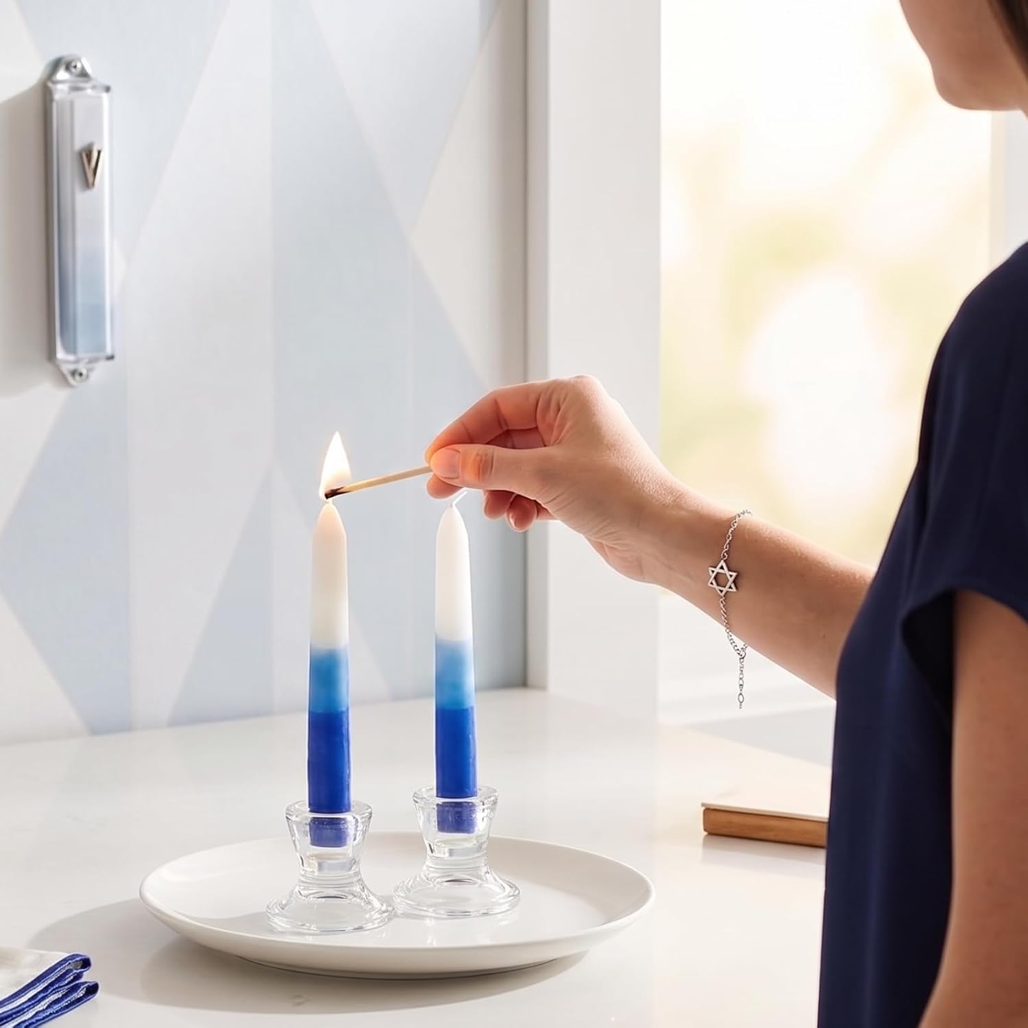 Rite Lite White & Blue Tricolor Shabbat Candles Premium 12 Pack Traditional Sabbath Dinner Table Jewish Home Decor Shabbos Candles Judaica Centerpiece Beautiful Gift Box & Hebrew English Blessing Card