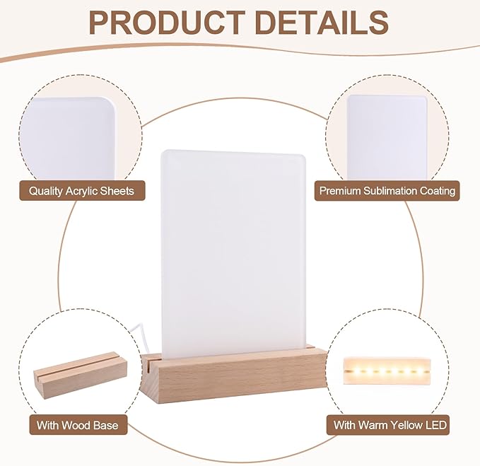 5" x 7"- 4 pcs Acrylic 2 pcs Frame Sublimation LED Acrylic Photo Frames Night Lights Blanks Heart Shape,with Warm Color Light with Wood Stand for Heat Press Machine Printing