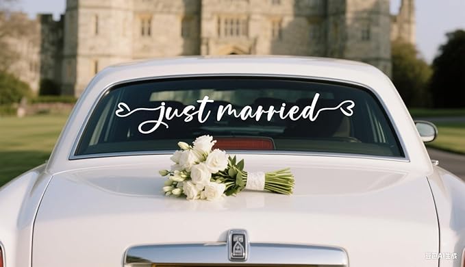 Just Married Car Decal – Wedding Bumper Sticker for Newlyweds, Unique Wedding Car Decoration (28 x 4.7 Inch)