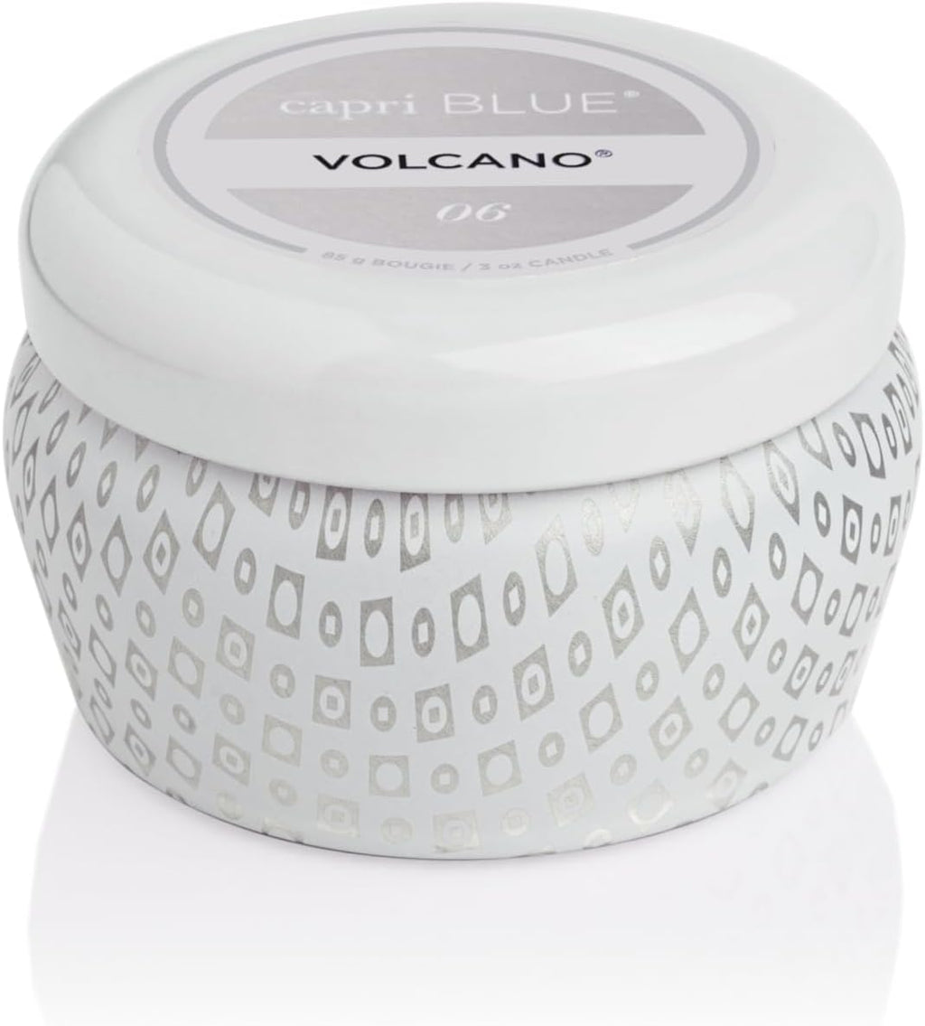 Capri Blue Volcano Scented Mini Tin Jar Candle | White, 3 oz | Printed Mini Tin Candles for Home Scented with Tropical Fruit & Sugared Citrus - Long Lasting Soy Wax Blend