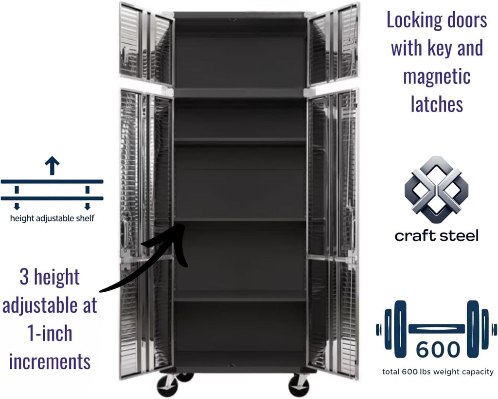 Heavy Duty 8-Piece Steel Garage Cabinet Storage Set with Rolling Workbench, Storage Cabinet System,Perfect for Big Garage or Workshop. (Graphite Black, 12 feet (144” W x 20" D x 90.5" H))