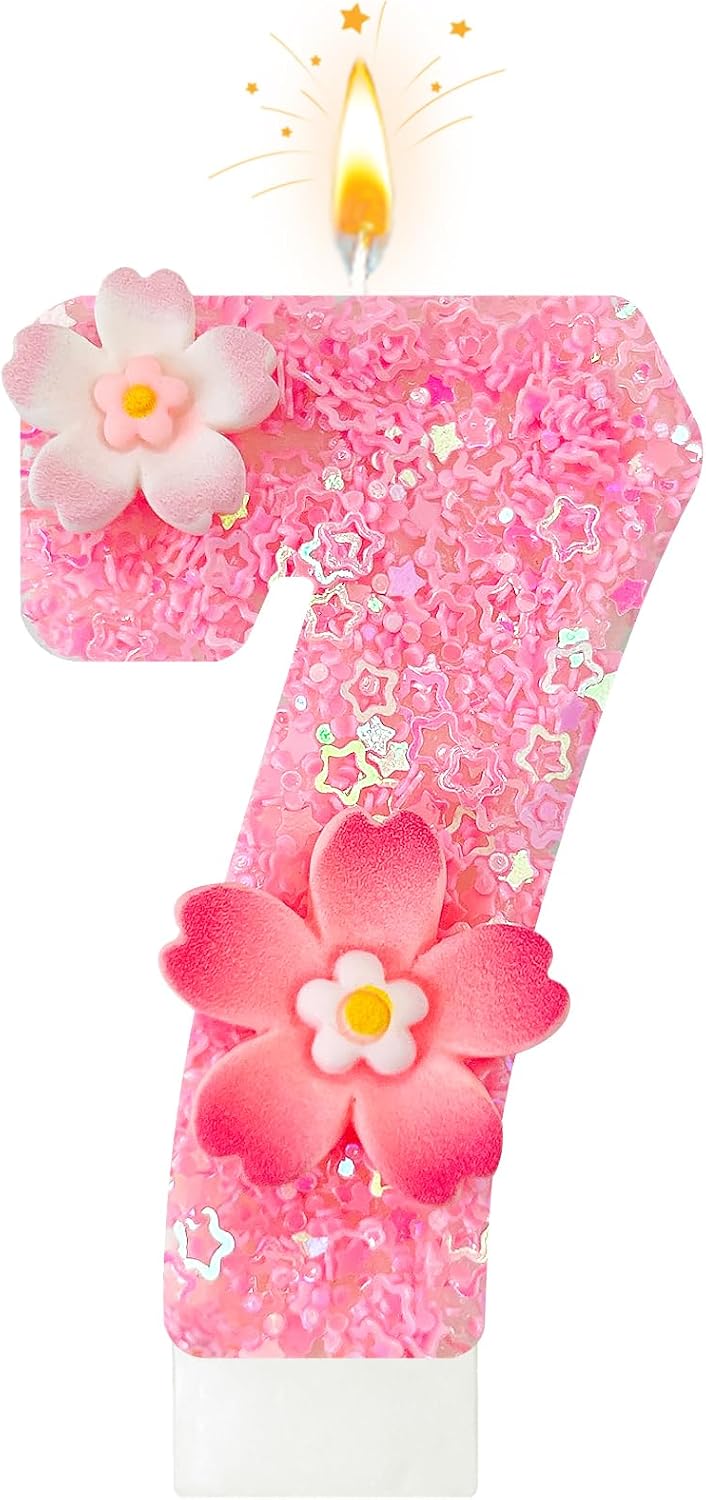 Pink Flower Birthday Candle,Number Birthday Candles for Cake, Ideal Birthday Parties Cake Decor, Wedding Anniversary and Other Celebrations (Number 7, Pink)