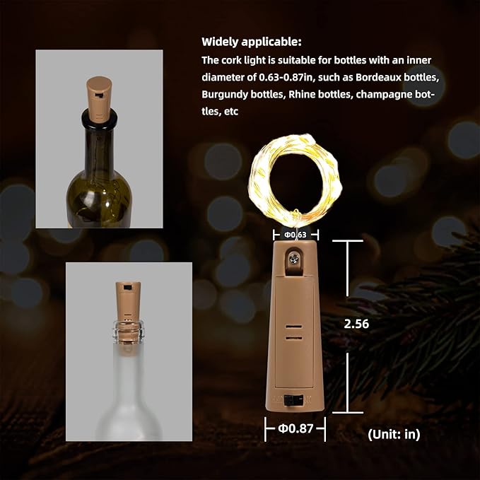 Dual Battery Pack LED Bottle Lights, 6.6ft 20led Double The Lighting Time, for Indoor and Outdoor use, for Christmas,(15 Pack, Warm White（Dual Battery Pack）)