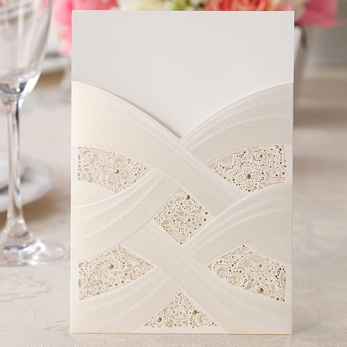 Hosmsua 50PCS Customized Ivory Wedding Invitations Kit 5.12x7.2 Inch Laser Cut Gold Foil Hollow Flora Lace Sleeve Pocket Wedding Quinceanera Invitation with Envelopes