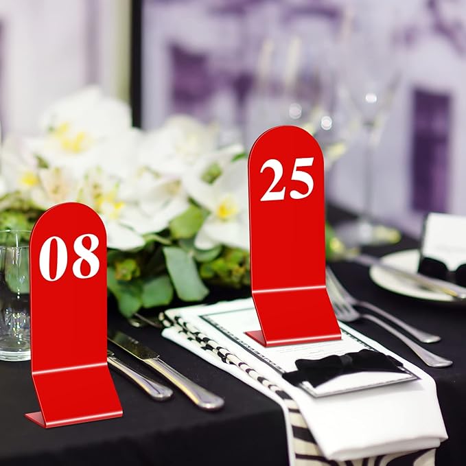 Remerry 50 Pcs Table Numbers 1-50 Acrylic Double Sided Number Cards Acrylic Tent Table Holders Tent Cards Wedding for Restaurant, 2.36 x 6.3 Inch (Red)